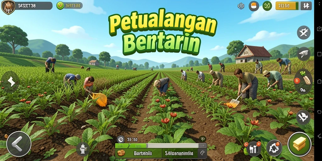 Antarmuka SATSET138 menampilkan ladang pertanian yang indah dan beragam aktivitas bertani.