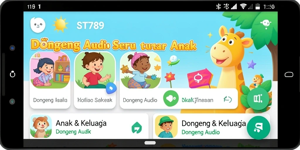 Tampilan antarmuka ST789 yang ramah anak dengan berbagai pilihan dongeng.