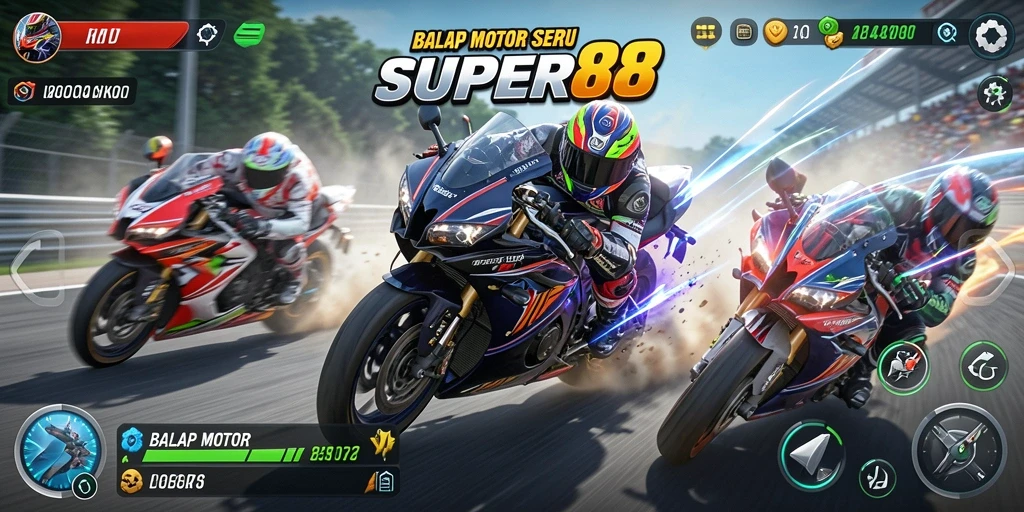 Screenshot <strong>SUPER88</strong> menampilkan aksinya dalam balap motor yang seru.